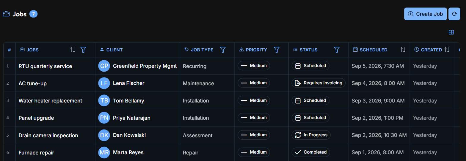 ServiceDock jobs list showing job type, priority and live status per job