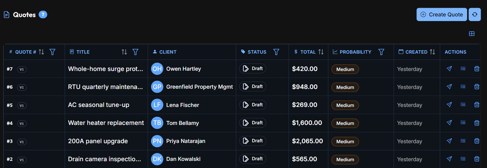 Quotes list in ServiceDock, showing seven quotes with client, total and status