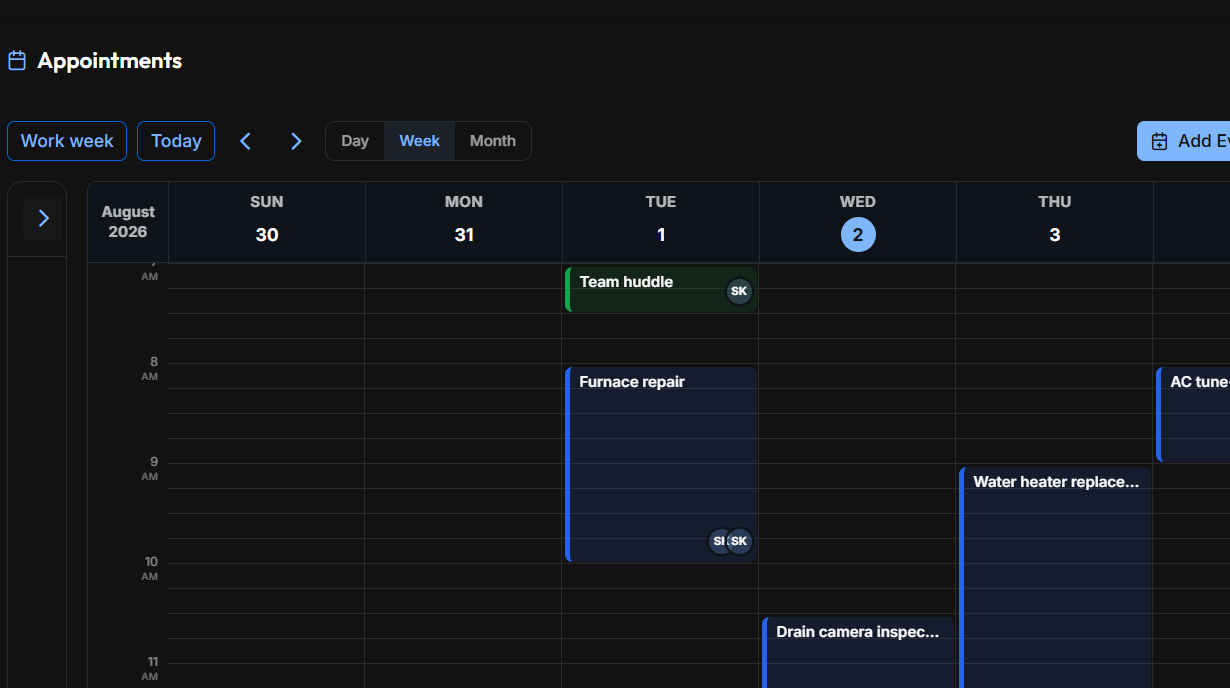 The ServiceDock week calendar, showing jobs assigned across the crew