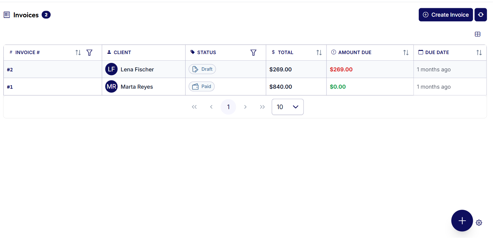 ServiceDock invoice list showing one paid invoice and one draft