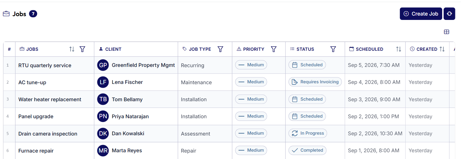 ServiceDock jobs list showing job type, priority and live status per job