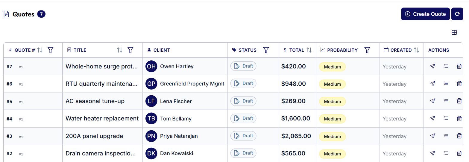 Quotes list in ServiceDock, showing seven quotes with client, total and status