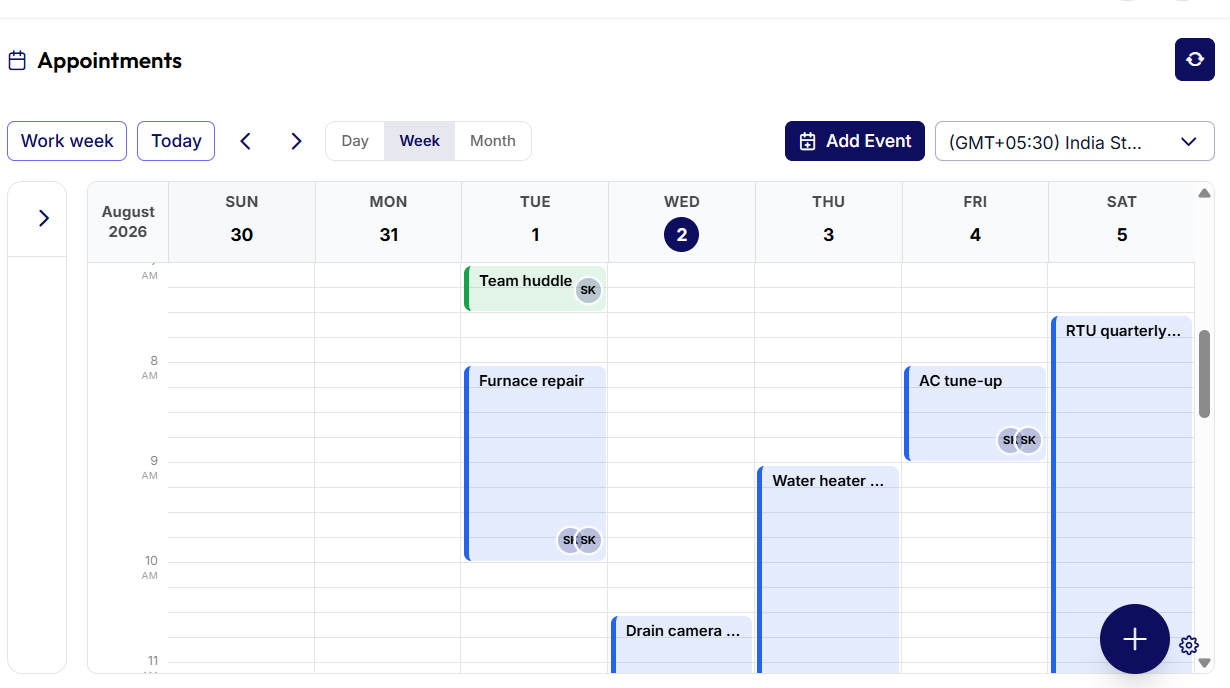 The ServiceDock week calendar, showing jobs assigned across the crew